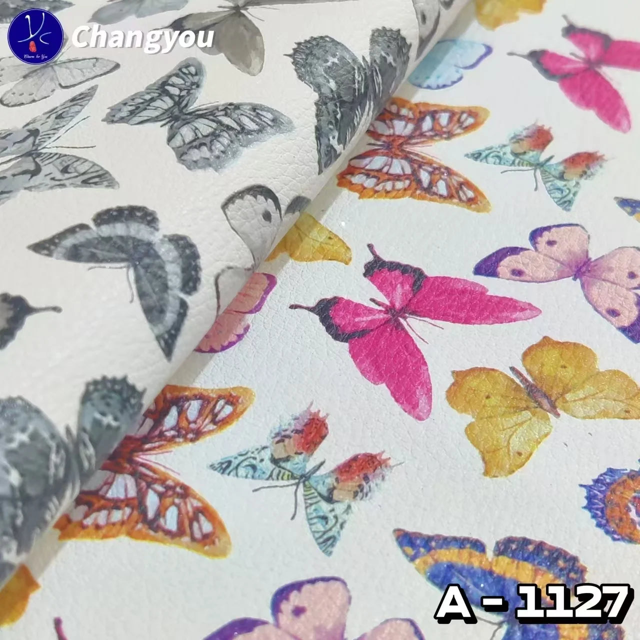A-1127 PU Synthetic Leather Glitter Effect Butterflies Design Durable Fabric for Fashion Bags Shoes Sofas Outdoor Garment Use