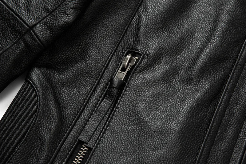 New Motorcycle Causal Vintage Leather Coat Men Autumn Outfit Fashion Biker Pocket Design Top Layer Cow Leather Jacket