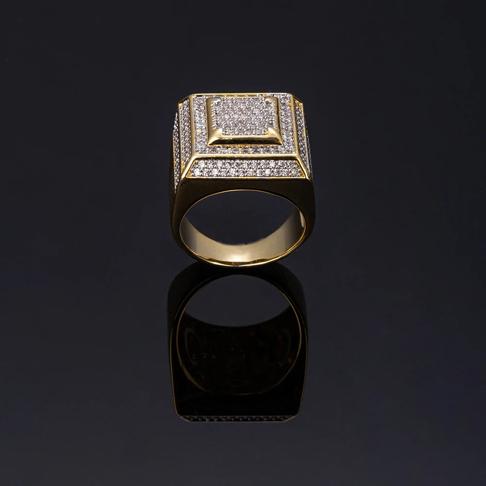 Popular Square Shape Ring Bling Iced Out Zircon Ring Hip Hop Men's Unisex Brass Gold Plated CZ Engagement Wedding Eternity Rings