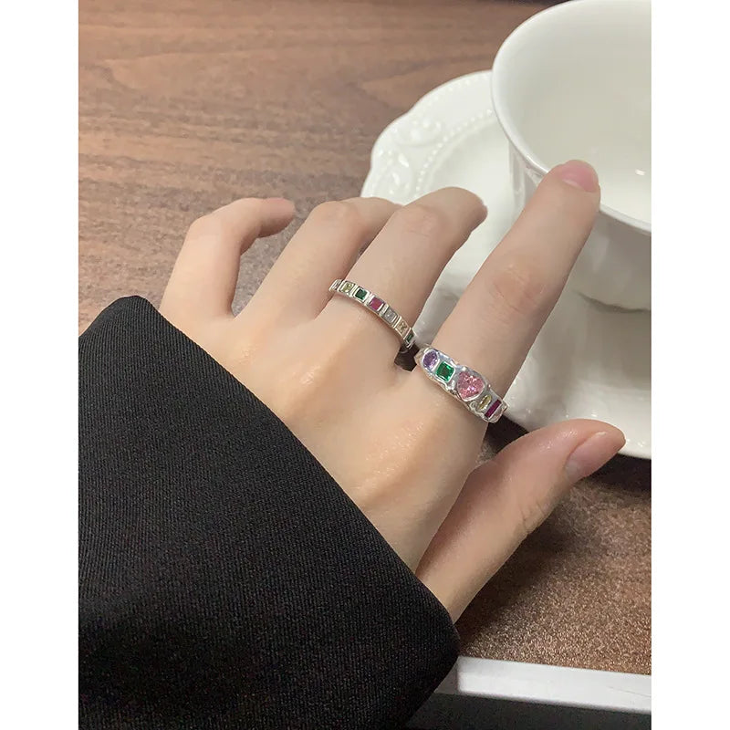 Fashion Wild Geometric Different Shape Colorful Zircon Paved Wedding 925 Sterling Silver Open Finger Rings