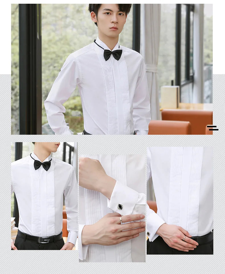 French Cuff Sleeves Party Dinner Wedding White Tuxedo Shirt With Bow Tie