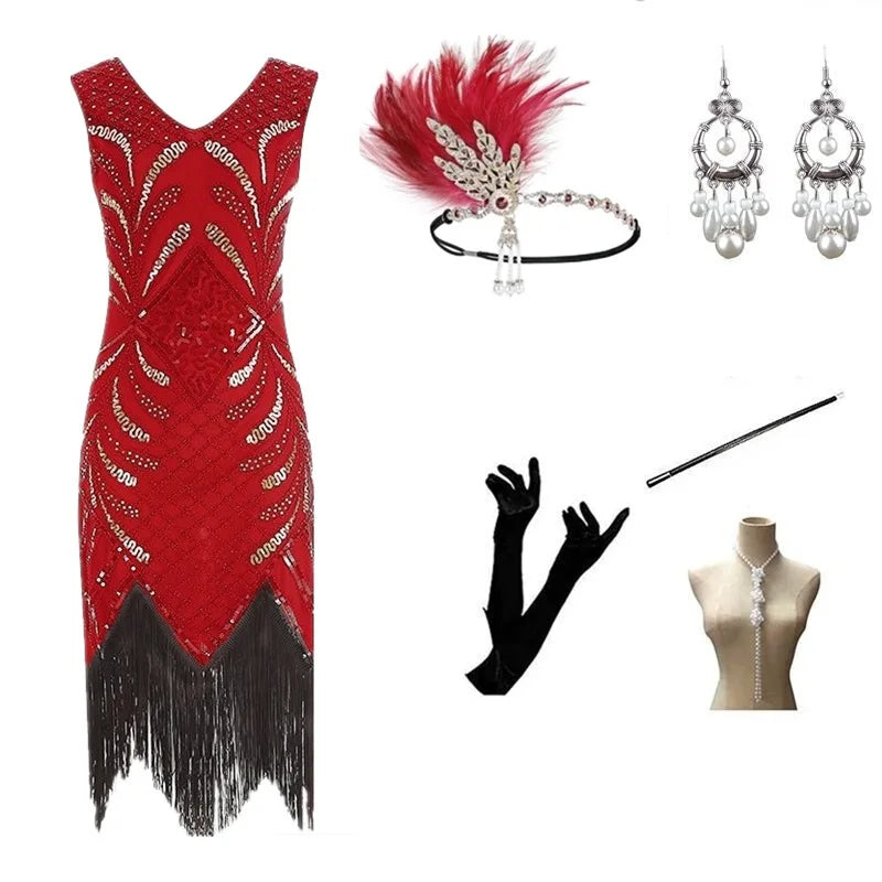 Halloween Cosplay Dress for Women 1920s Vintage Flapper Long Fringe Beaded Gatsby Party Dress With 20s Accessories Set