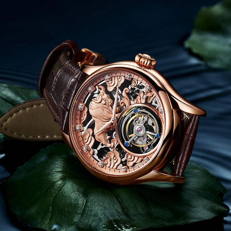 China Tourbillon Watch Factory Rose Luxury 3D Zodiac Relief Pattern  Stainless Steel Waterproof Zodiac Men's Mechanical Watches