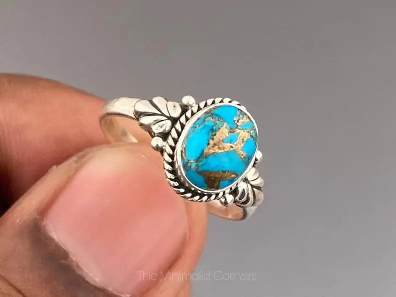 925 Sterling Silver Blue Turquoise Ring Unisex Classic Bezel Set Rhodium Plated Wedding & Party Jewelry Best Price Wholesale