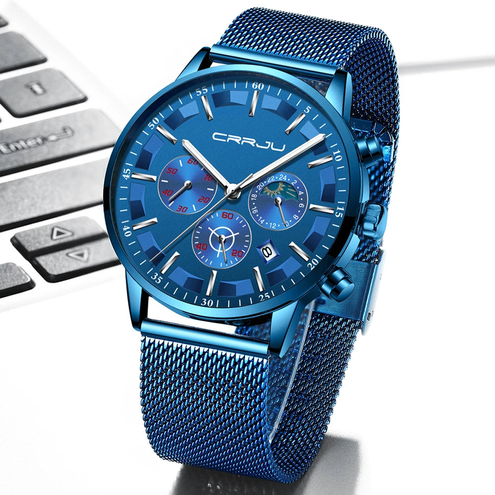 CRRJU Mens Watches Top Brand Luxury Fashion Business Quartz Watch Men Sport Full Steel Waterproof Black Clock Relogio Masculino