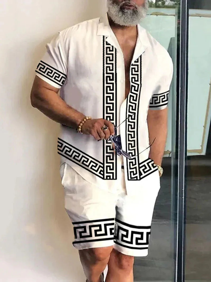 New Men Sets Print Patchwork Lapel Short Sleeve Casual Shirt Beach Shorts Summer Men Streetwear Vacation Hawaiian Suits