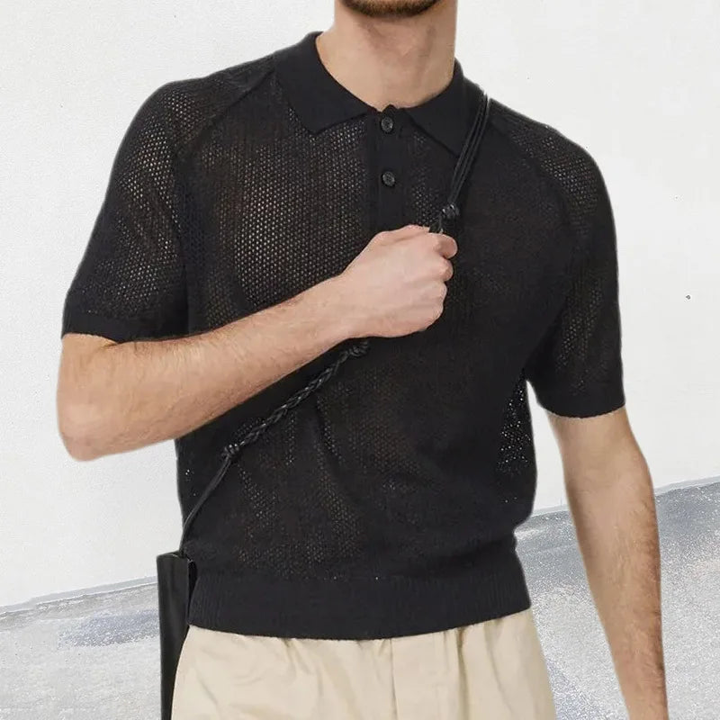 European and American Collar Sweater Men's Thin Hollow Slim Fit Short Sleeved Knitted Summer New Men's Clothing Top Short Sleeve
