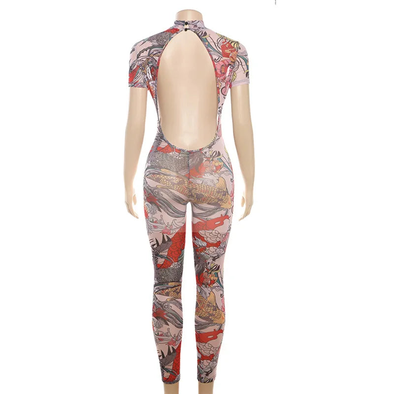 See Through Jumpsuit Women Backless Dragon Print Short Sleeve Fitness Activity Workout Overalls Slim Stretch Clubwear