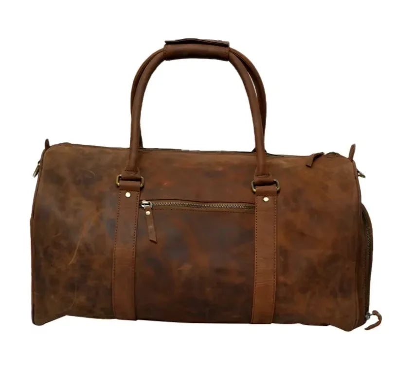WRIZA Genuine Leather Weekender Bag Vintage Travel Duffel Bag Durable Handmade Overnight Bag Premium Mens Fashionable Carry Bag