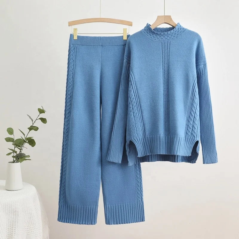 Pullover Thick Knit Sweater Casual Fashion Set Women's Autumn and Winter Loose and Lazy Wide Leg Trouser Set