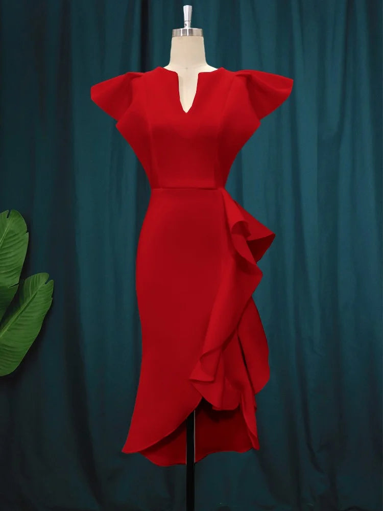 A80081 Manufacturer High Waisted Cap Sleeve Ruffles Midi Evening Dress Women