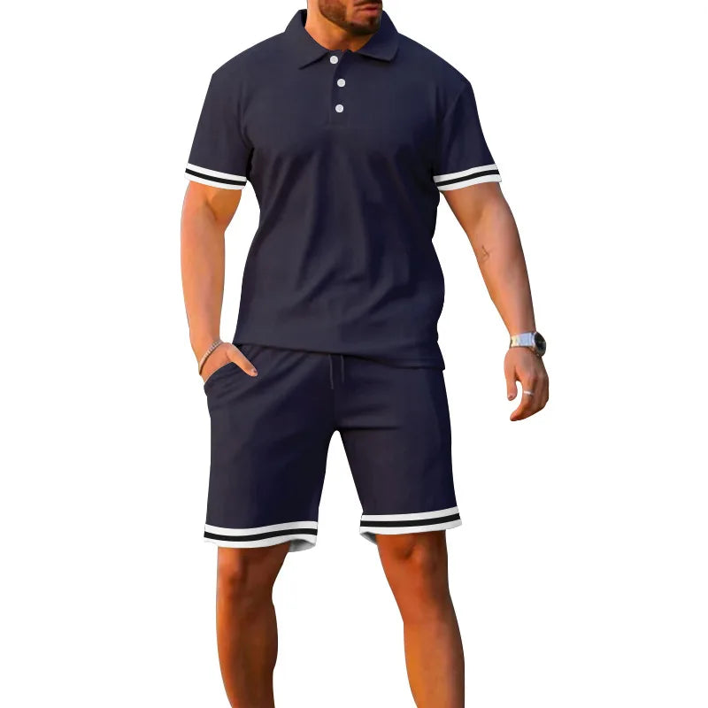 2024 Hot Sale Summer Men Short Sleeve Top + Short  Pants Turn Down Collar Solid Color Loose Casual Two Piece Suits
