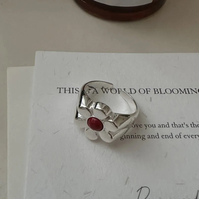 Natural Red Stone 925 Sterling Silver Big Flower Shape Adjustable Rings for Women