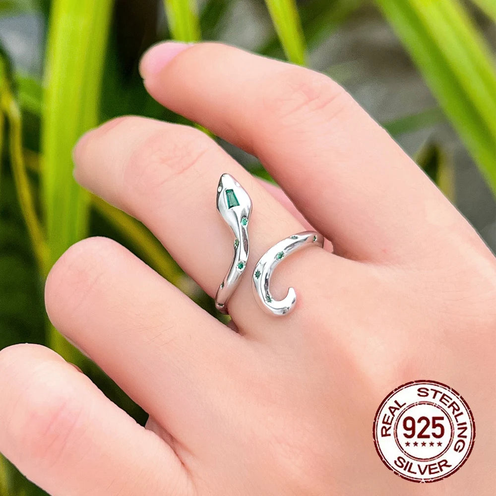 Fashion Design Cubic Zirconia 925 Sterling Silver Snake Ring Woman Bulk Resizable Ope Size Thin Snake Rings for Lady