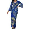 Hot Selling Flower Polynesian Tribal Bell Sleeve V Neck Long Maxi Slit Dress Custom Plus Size Womens Dresses Island Style Dress