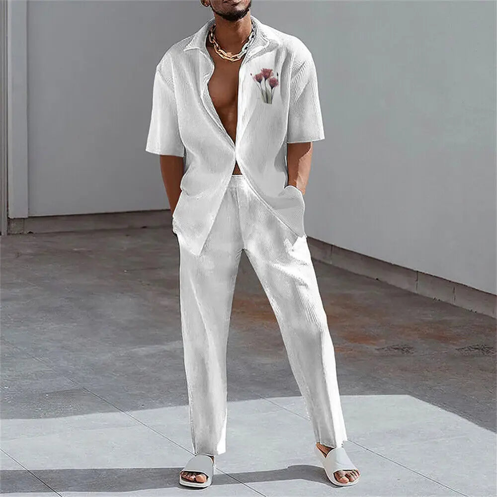 S-5XL Trendy and Fashionable Lapel Short Sleeved Shirt Loose Pants Casual Sports Set