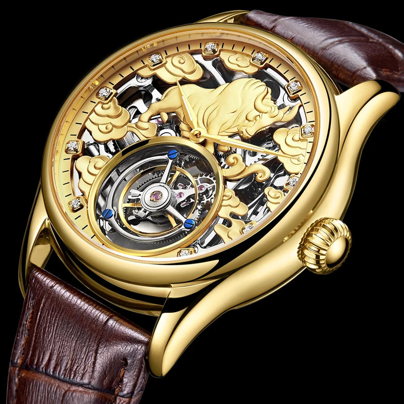 China Tourbillon Watch Factory Rose Luxury 3D Zodiac Relief Pattern  Stainless Steel Waterproof Zodiac Men's Mechanical Watches