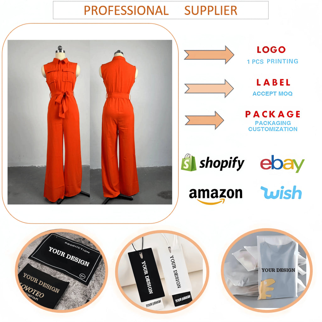 HK7041Fashion Women Jumpsuit Lady Elegant Solid Color Lapel Collar Pocket Sleeveless Lace up Waist Wide Leg Jumpsuit for Women
