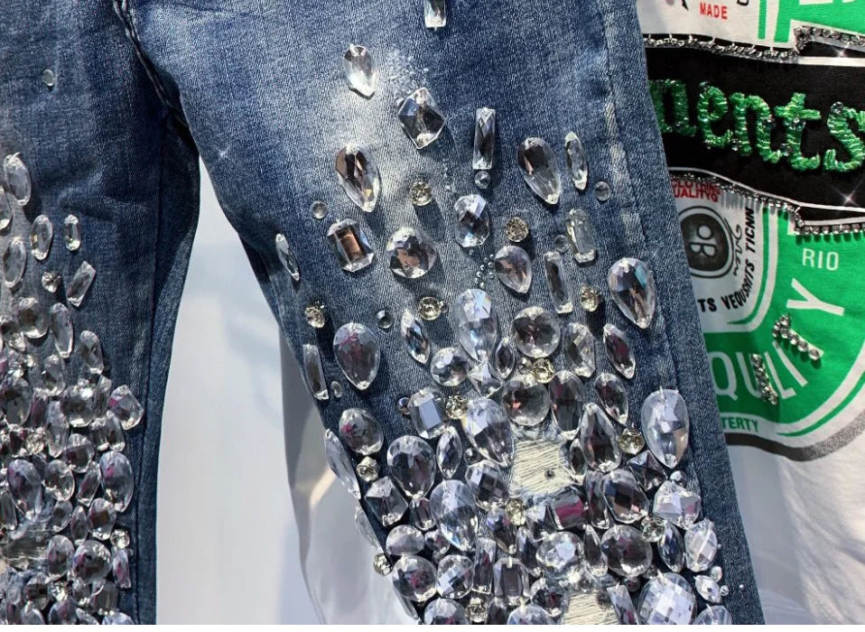 fashion Vintage Women Luxury Embroidered Flares Diamond Denim Jeans Women Beaded Skinny Pencil