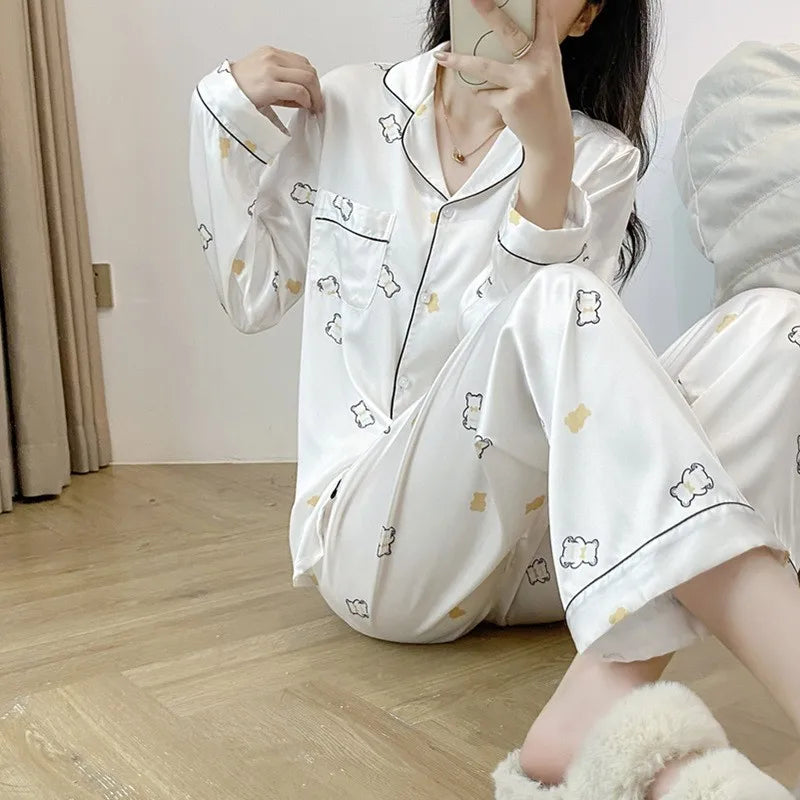 Best Selling Design Women's Silk Pajamas Long Sleeve Two-piece Set Cartoon Print Sleepwear Girls Cheap Nightwear Wholesale