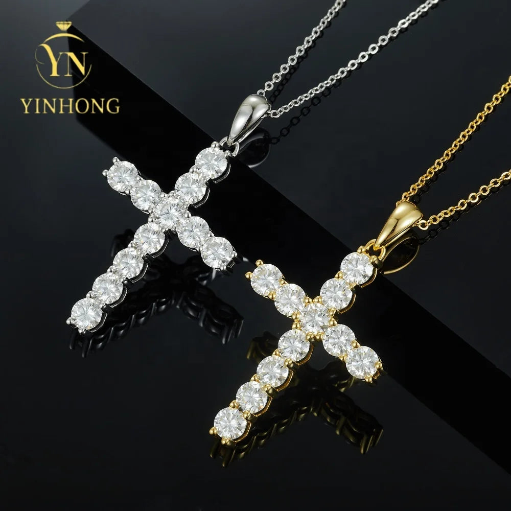 Fashion Jewelry 925 Sterling Silver Necklaces Gold Plated Fine Jewelry Moissanite Diamonds Spark Cross Charms Hip Hop Pendant