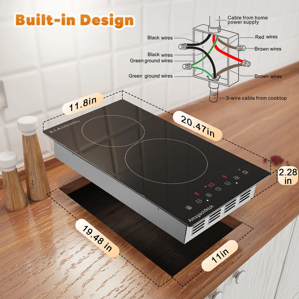 2 Burner Electric Cooktop, 12 Inch Built-in Ceramic Stove Top with Child Safety Lock, Timer & Residual Heat Indicator, 3000W