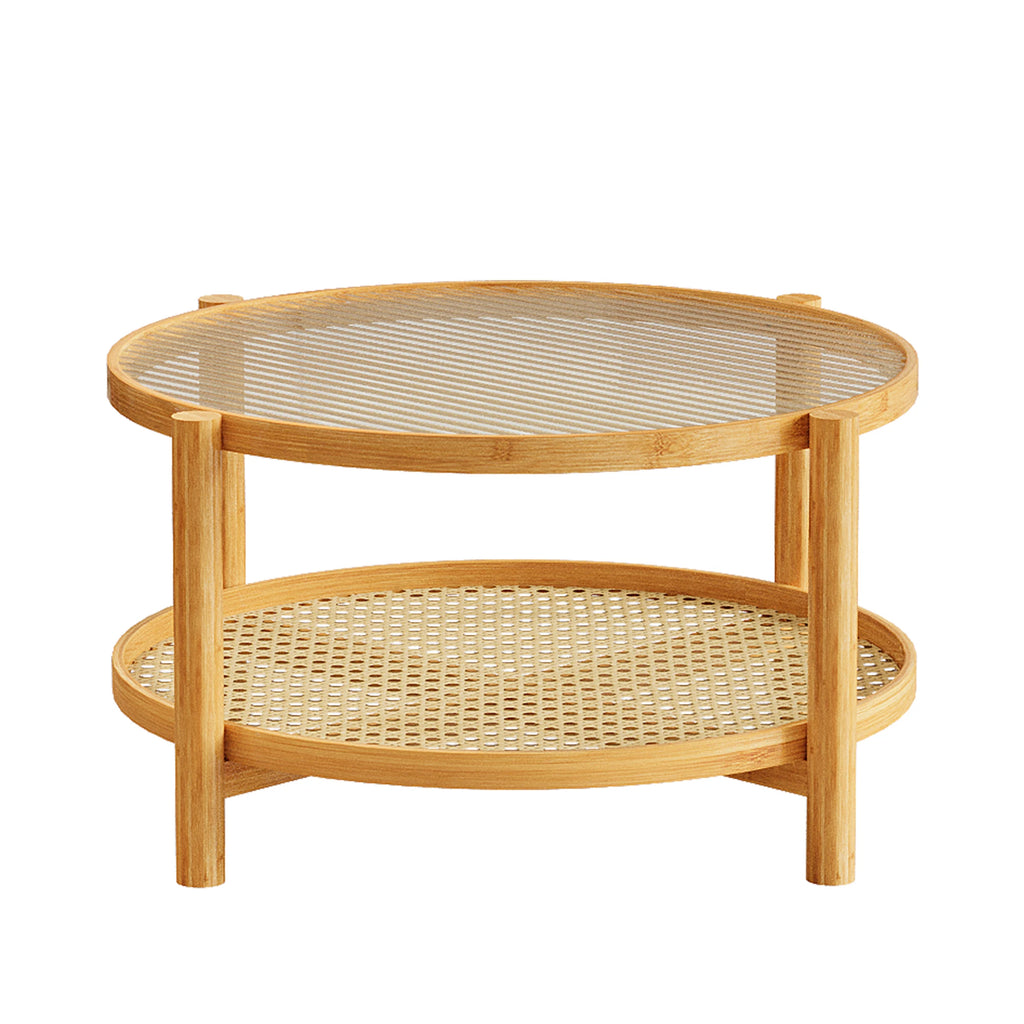 Modern Round 2-Tier Bamboo Coffee Table with Glass Top PVC Rattan Storage Shelf Wabi-Sabi Design Style for Home Coffee Area