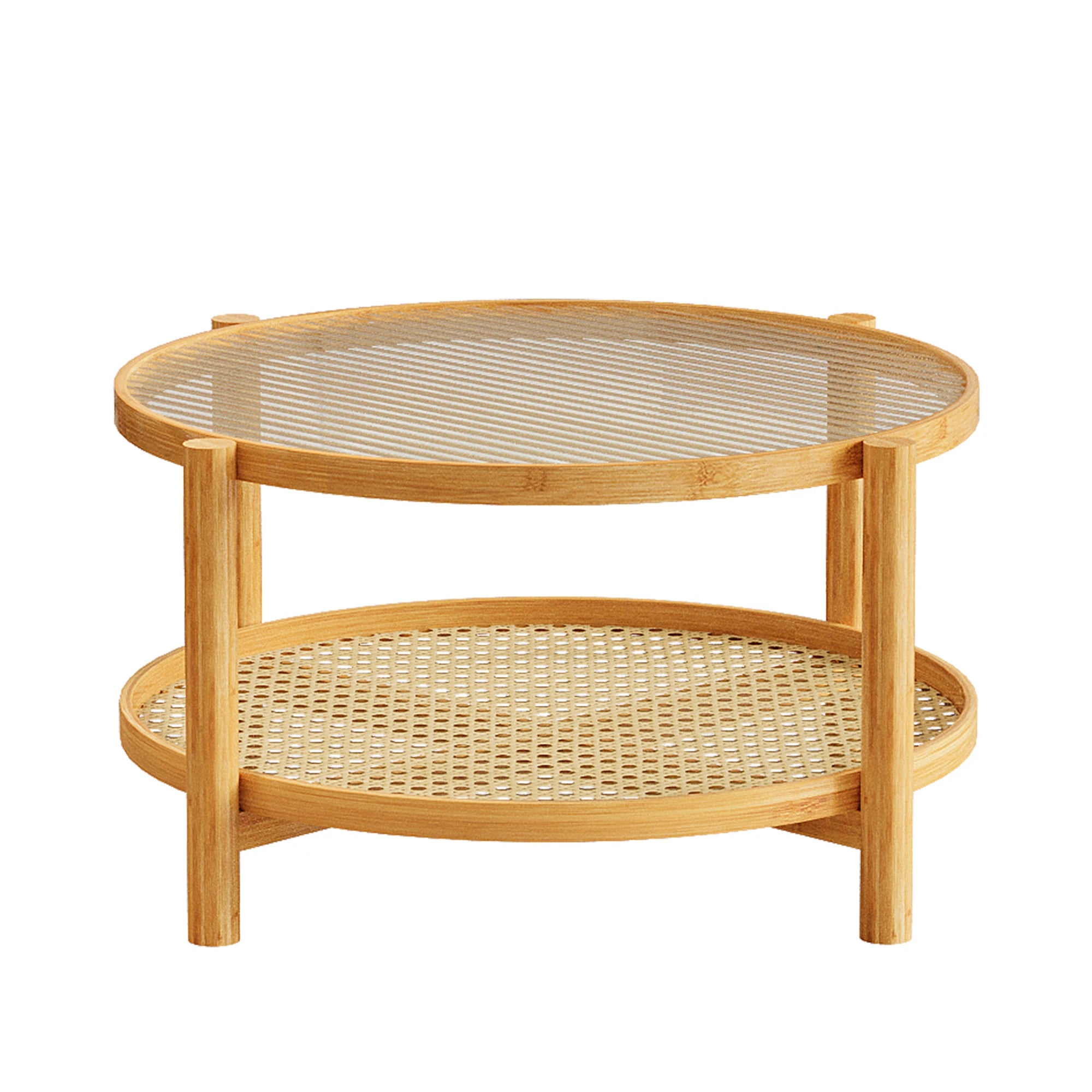Modern Round 2-Tier Bamboo Coffee Table with Glass Top PVC Rattan Storage Shelf Wabi-Sabi Design Style for Home Coffee Area