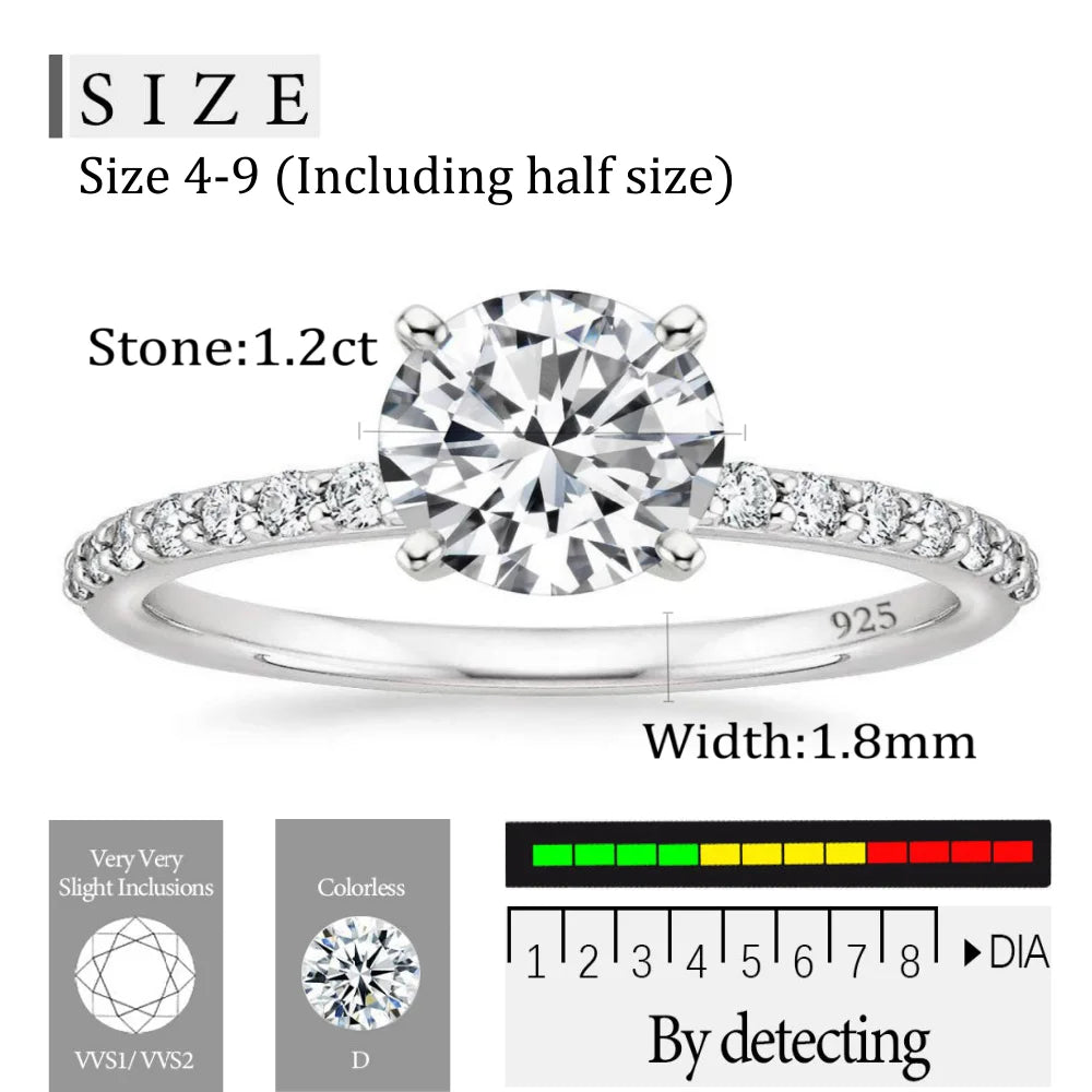 OAHLAN Fine Jewelry Women's 1.2 CT Round Cut Moissanite Engagement Rings Luxury S925 Sterling Silver Rings for Wedding Gift
