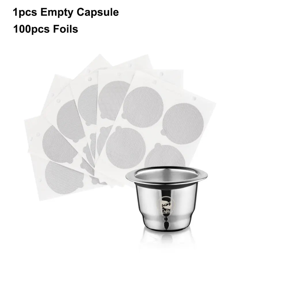 Icafilar Reusable Coffee Capsule Pod for Nespresso Stainless Steel Espresso Crema Coffee Filter Aluminum Foils Lid Tamper Dosing