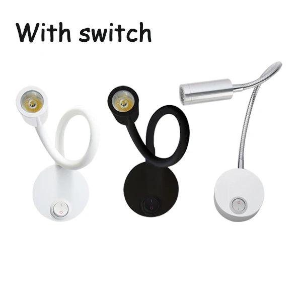 LED Wall Lamp Knob Switch 90-260V 3W Modern Bedroom Bedside Lamp Black White Light Body 360 Degree Angle Adjustable Wall Light