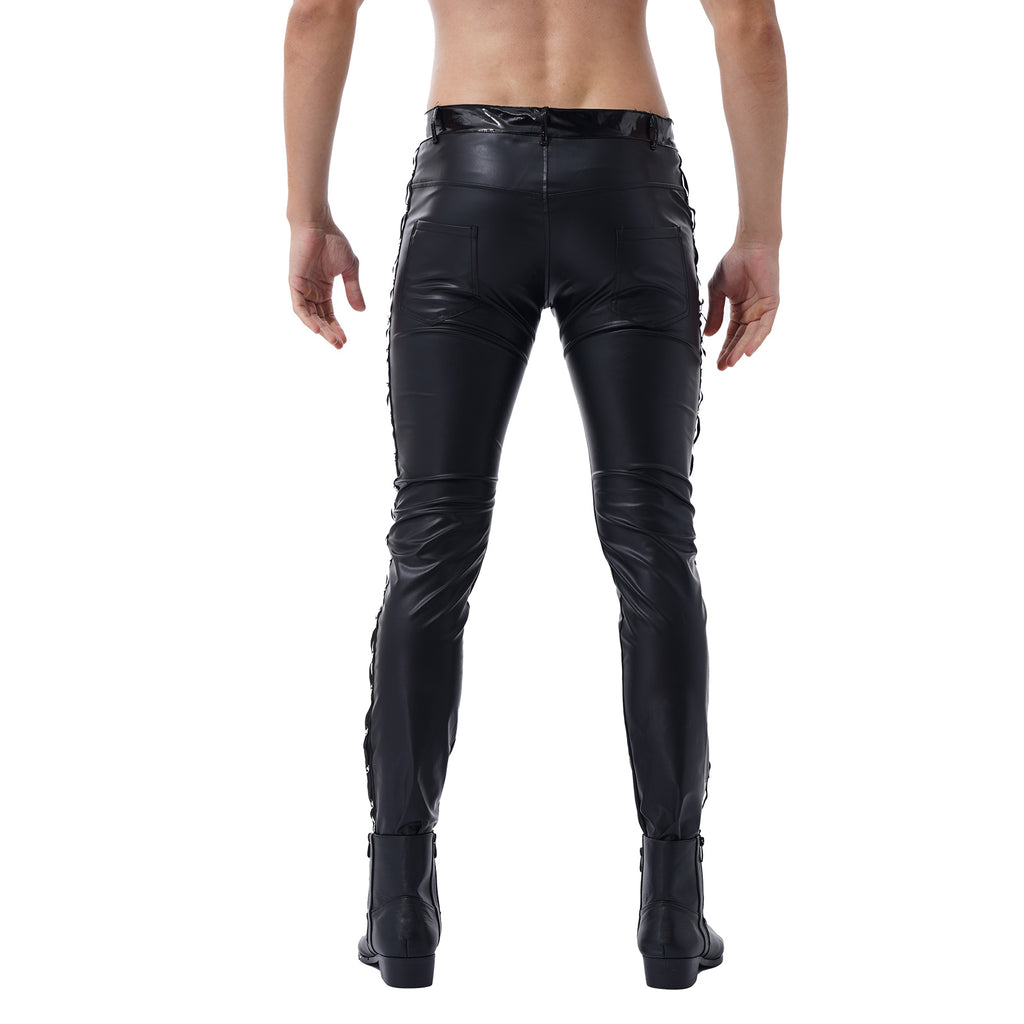 Men Latex Leather Pants Low Waist Faux Leather Shiny Pants Fashion Tight Trousers for Club Stage Show Rock Band Performance