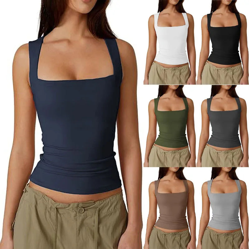 Women Girls Sleeveless Vest T-shirt Solid Color Square Neck Yoga Sports Sleeveless Tank Tops Base Casual Slim Vest