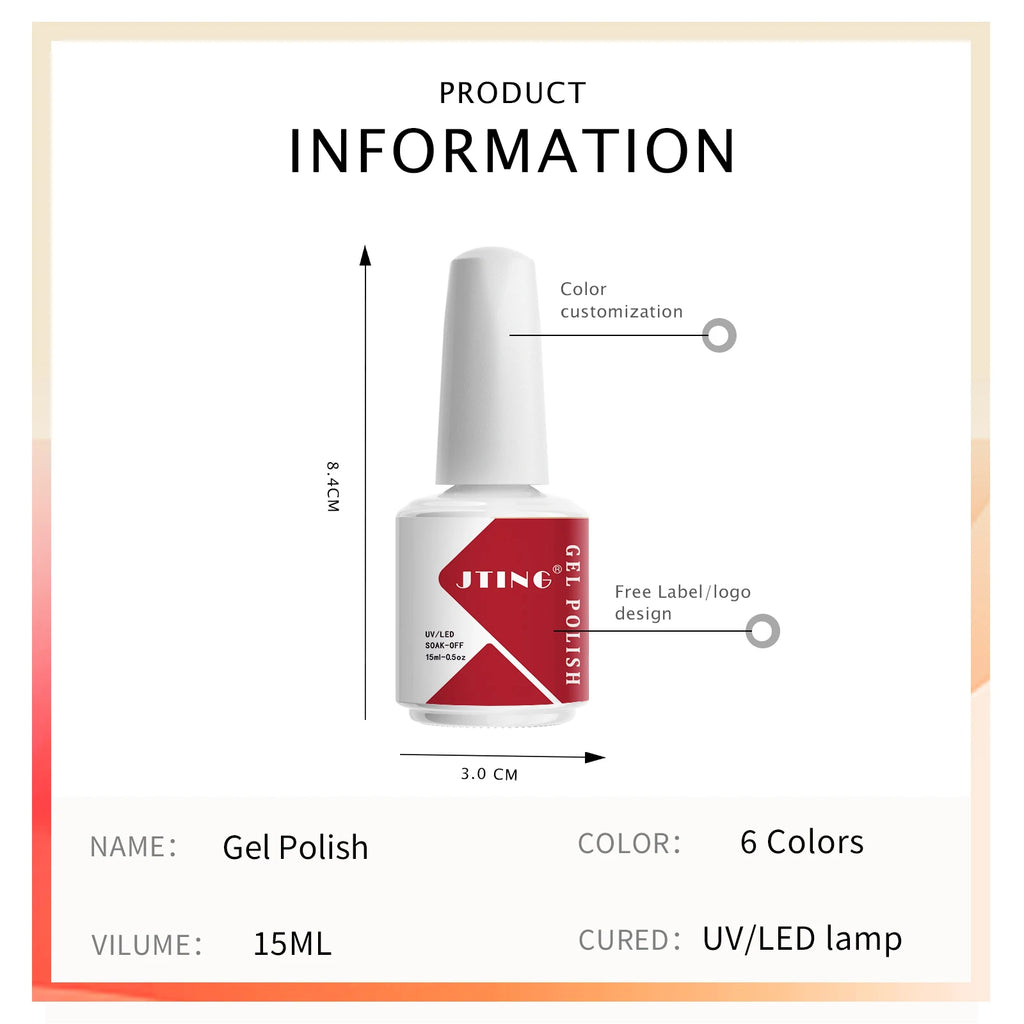 JTING Wholesale Supply Natural Vegan Nail Gel Polish Oem 6colors Soak off Uv Gel Nail Polish Custom Private Label Gel Polish