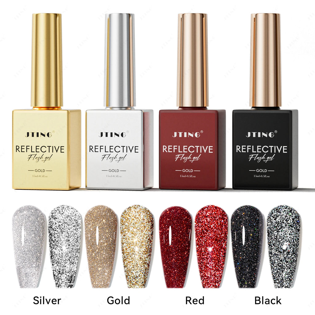 JTING Super Reflective Flash Gel Polish Classic 4Color Gold Silver Black Red Disco Reflective Gel Nail Polish Set Unique Designs