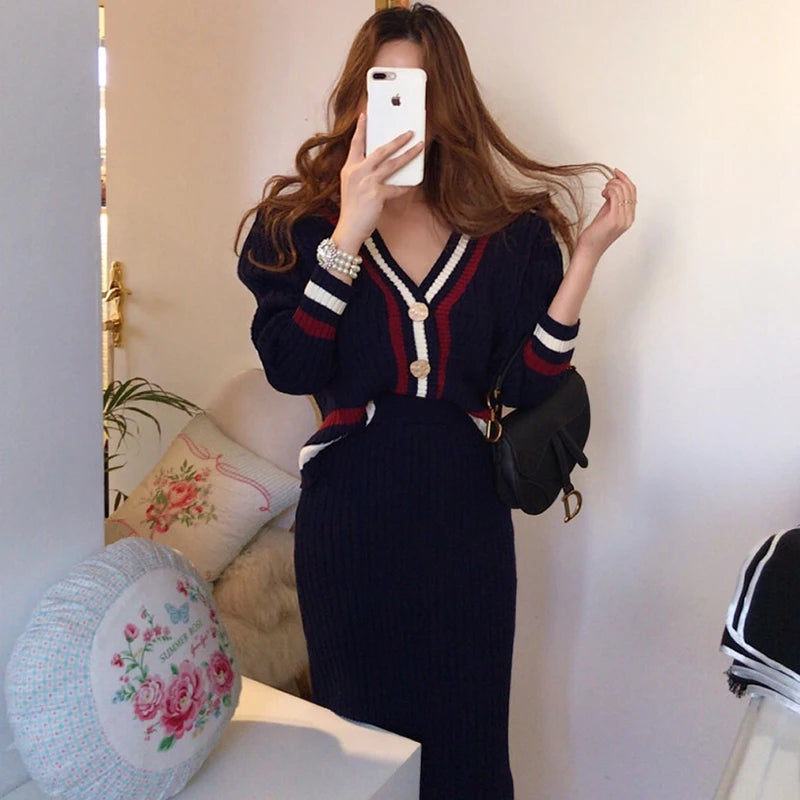 Wholesale 2026 Autumn New Temperament V-neck Bordered Contrast Color Knitted Cardigan Sweater and High Waist Mid-length Sets