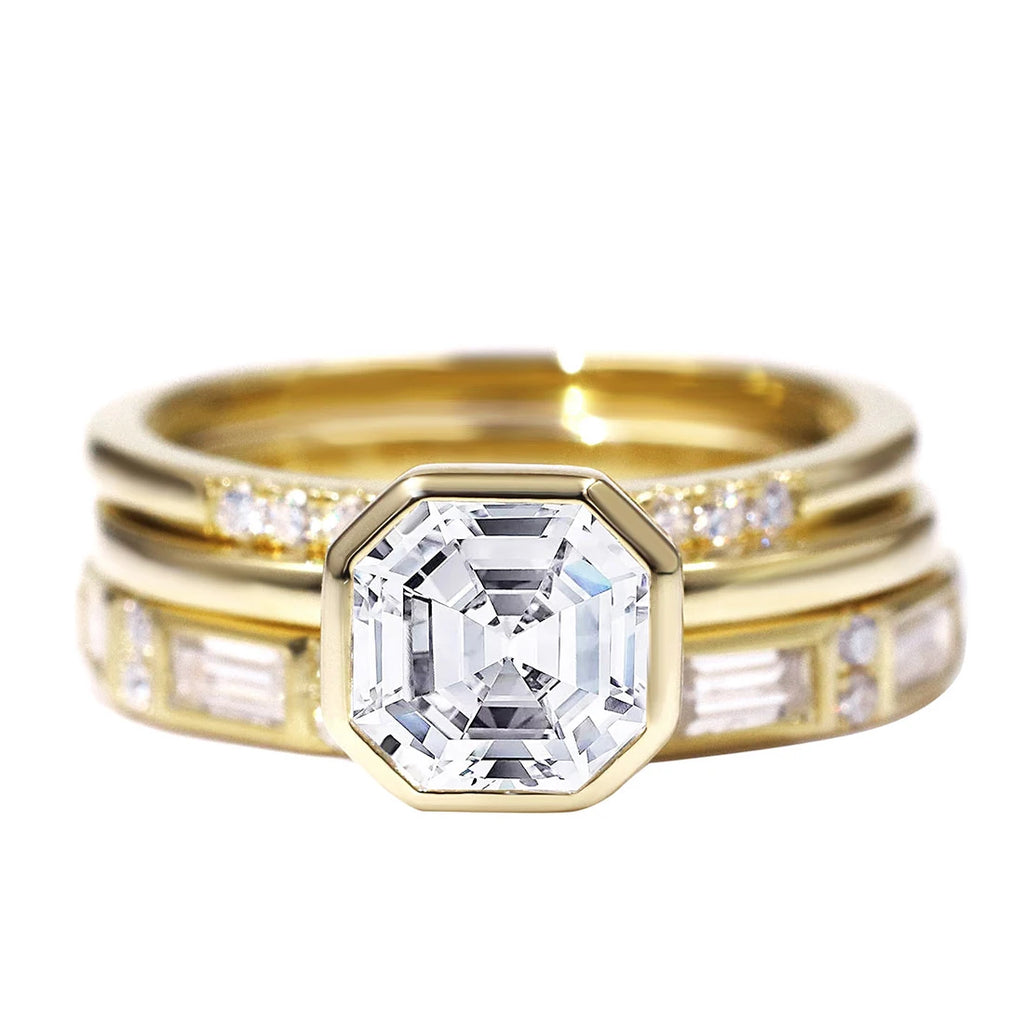 Tianyu Bridal Jewelry Stacking Bezel 18K Gold Filled 2CT Asscher Cut Diamond Moissanite Silver Engagement Wedding Rings Set