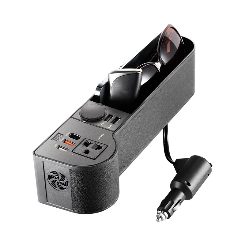 SEAMETAL Car Organizer with 12V/24V to 220V Inverter Seat Crevice Storage Box 4-USB Ports QC3.0 Fast Charging for Smartphone