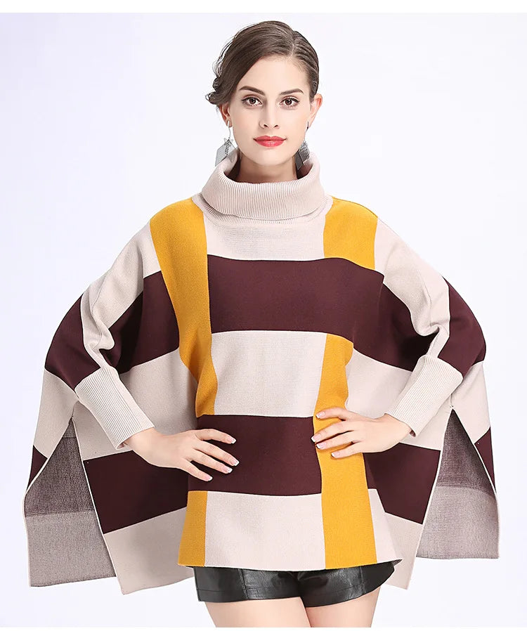 Wholesale 2025 Hot Sale Girl's Winter Cape Coats Luxury batwing Sleeve High Cloak Acrylic Knitted Warm Women's Poncho Sweater