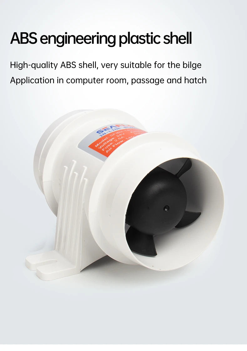 12V/24V 40A  ABS Quiet Air Blower Water Resistant High Air Flow In-Line Blower Marine Bilge Boat Blower Motor Plastic