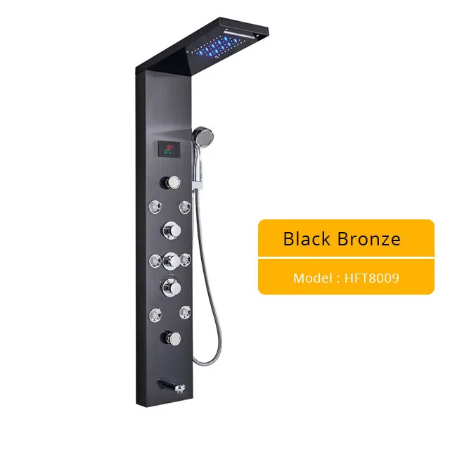 LED Light Shower Panel Faucet Waterfall Rain Shower Head SPA Massage Jets Shower Column Tower Digital Water Temperature Display