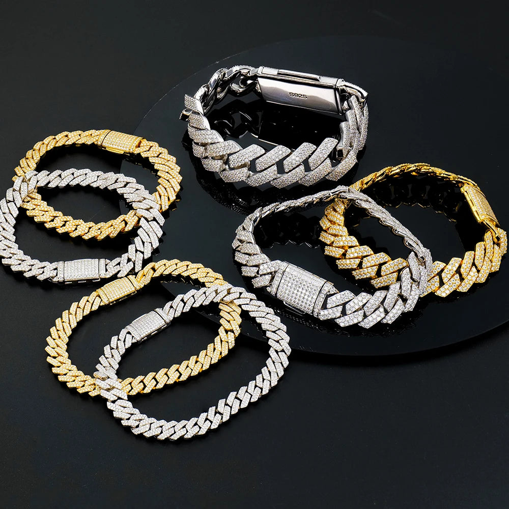 VVS Mossanite Diamond 8-20mm Iced Out  925 Sterling Silver Sharp Angeled Cuban Link Chain Hiphop Trendsetter Bracelet.
