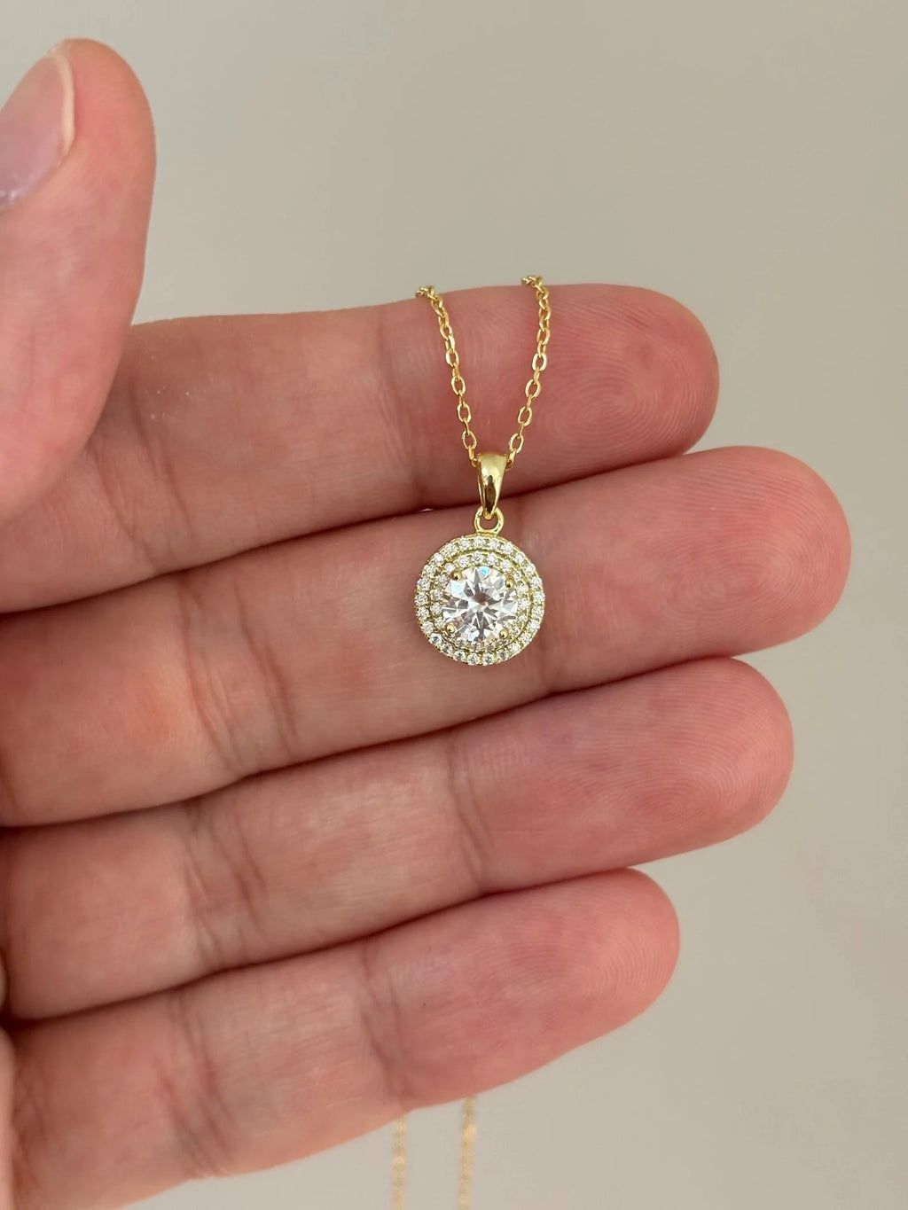 Dainty Christian Moissanite Double Halo Necklace Gold Plated Diamond Alternative Charms Pendant Party Stacking Jewelry