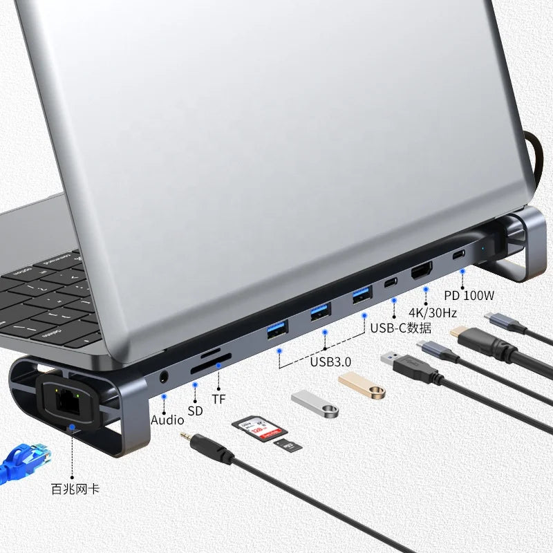 10 in 1 New Stock Arrival 4K30hz Type C Hub 10 in 1 4K Docking Station for Macbook Laptops