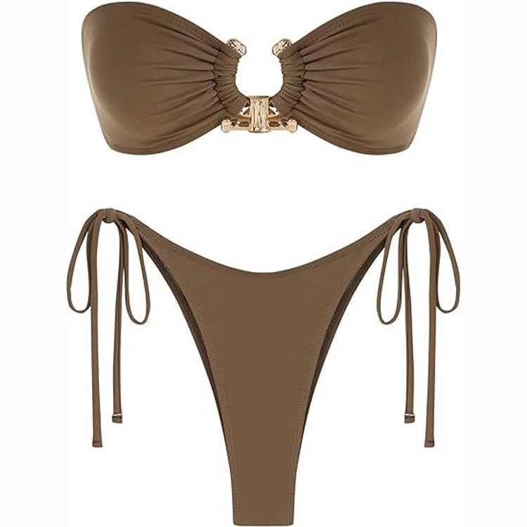 Off Shoulder Sexy 2 Piece Bikini Metal Ring Bathing Swimsuit Mini Beach Swimwear Thong Beach Wear