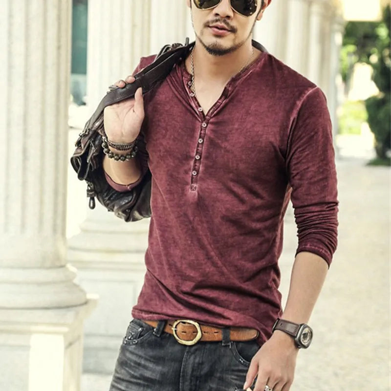 Men Tee Shirt V-neck Long Sleeve Tee&Tops Stylish Buttons T-shirt 2026 Autumn Casual Henley shirt Solid Male Clothing 5XL