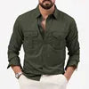 Spring Summer New European and American Men's Solid Color Shirt Multi-pocket Casual Long-sleeved Shirt
