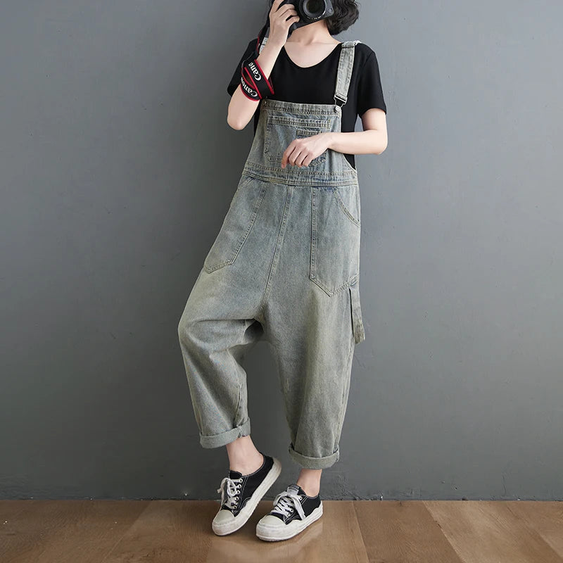 Boyfriend Loose Jeans Overalls For Women Casual Plus Size Wide Leg Denim Jumpsuit Straps Baggy Cargo Pants Big Pockets Dungarees