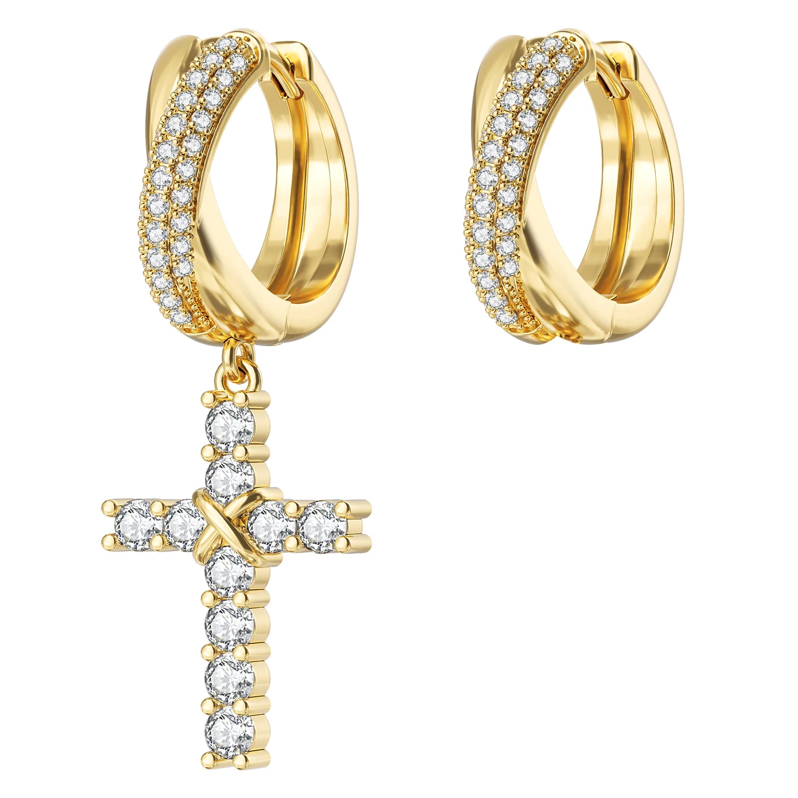 14K Gold Plated Dangle Cross Earring 925 Sterling Silver Women Men Birthday Gift CHRISTIAN 5A CZ Cubic Zirconia Hoop Earring