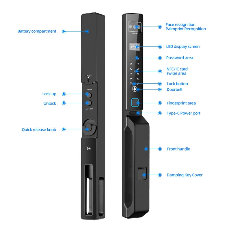 TUYA Face Recognition Fingerprint Hold Hands Lock Narrow Bezel Cell Phone Tuya Aluminum Door Code Lock Automatic Smart Door Lock